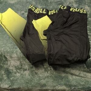 2 Russell Athletic Mens Black and Neon Yellow Athletic Leggings
